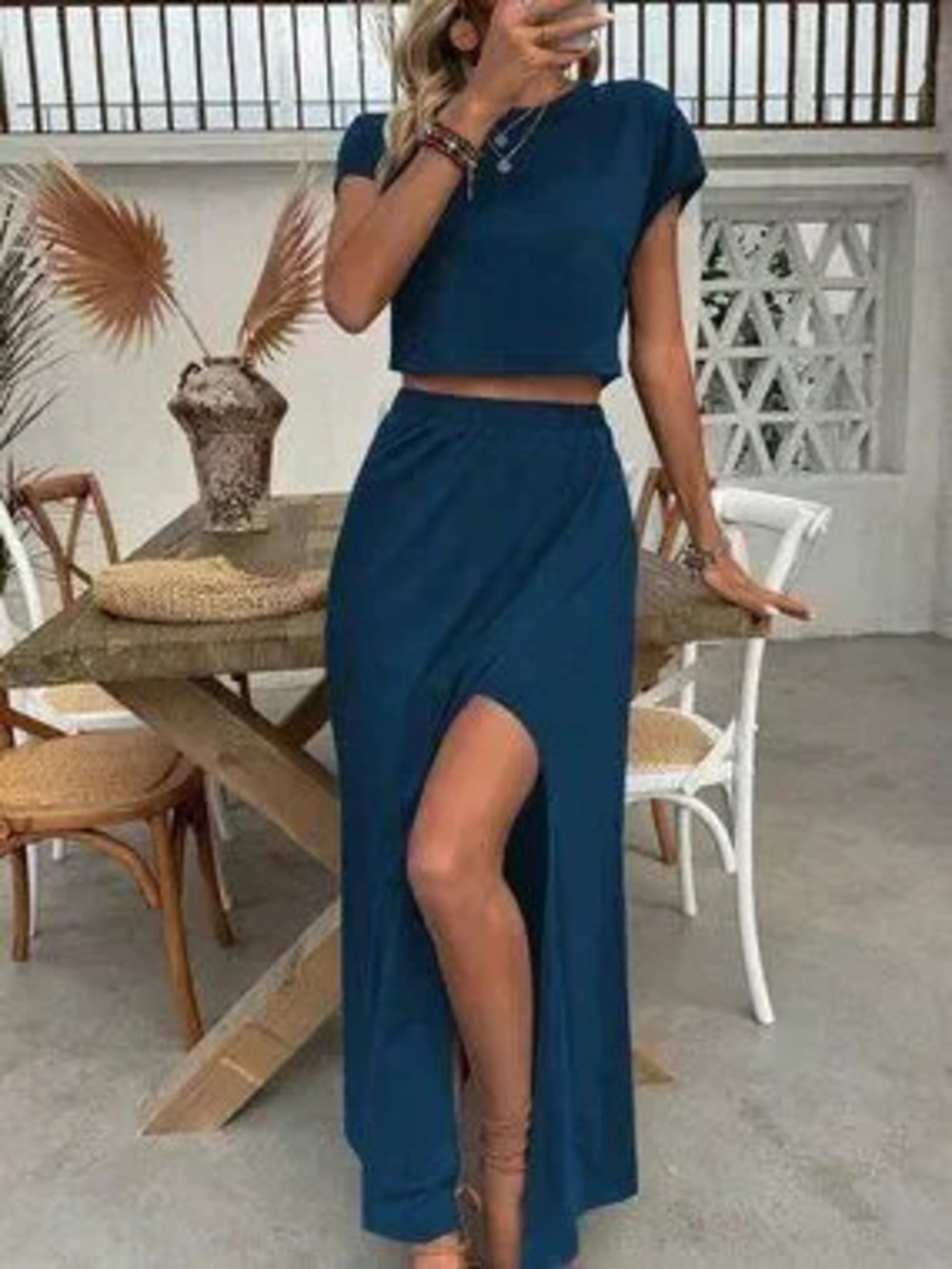 Women's Vacation Leisure Crop Top And High Side Slit Skirt Set